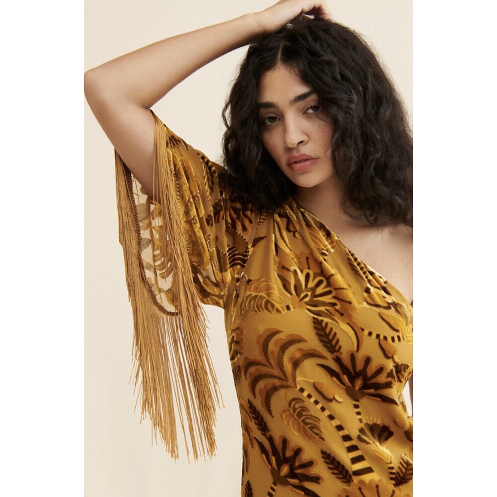 Farm Rio One-Shoulder Golden Velvet Fringe Dress - Picture 7 of 7
